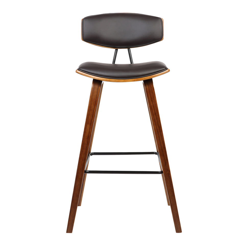 Fox 28.5" Mid-Century Bar Height Barstool in Brown Faux Leather with Walnut Wood