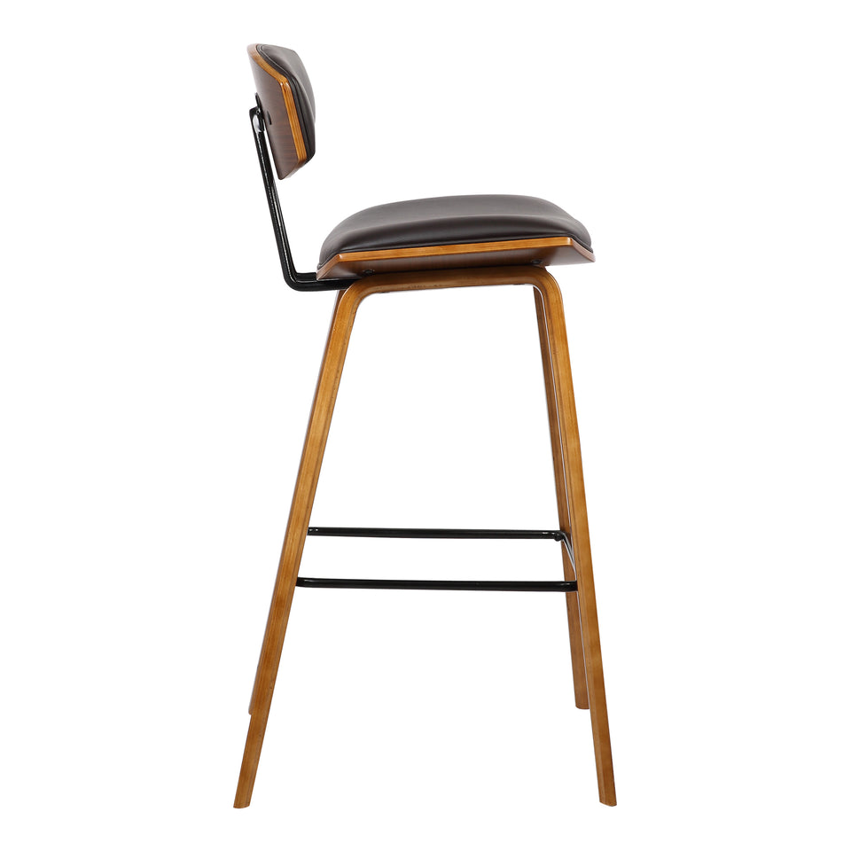 Fox 28.5" Mid-Century Bar Height Barstool in Brown Faux Leather with Walnut Wood