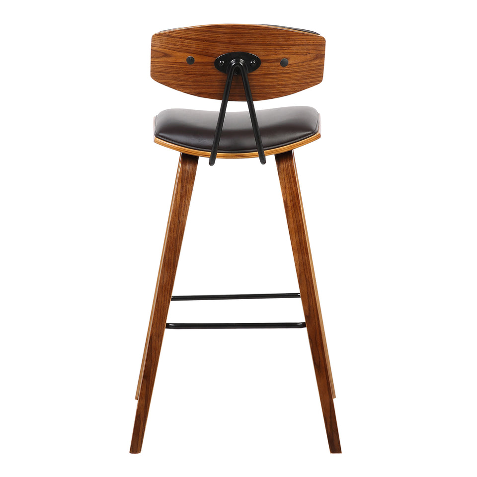 Fox 28.5" Mid-Century Bar Height Barstool in Brown Faux Leather with Walnut Wood