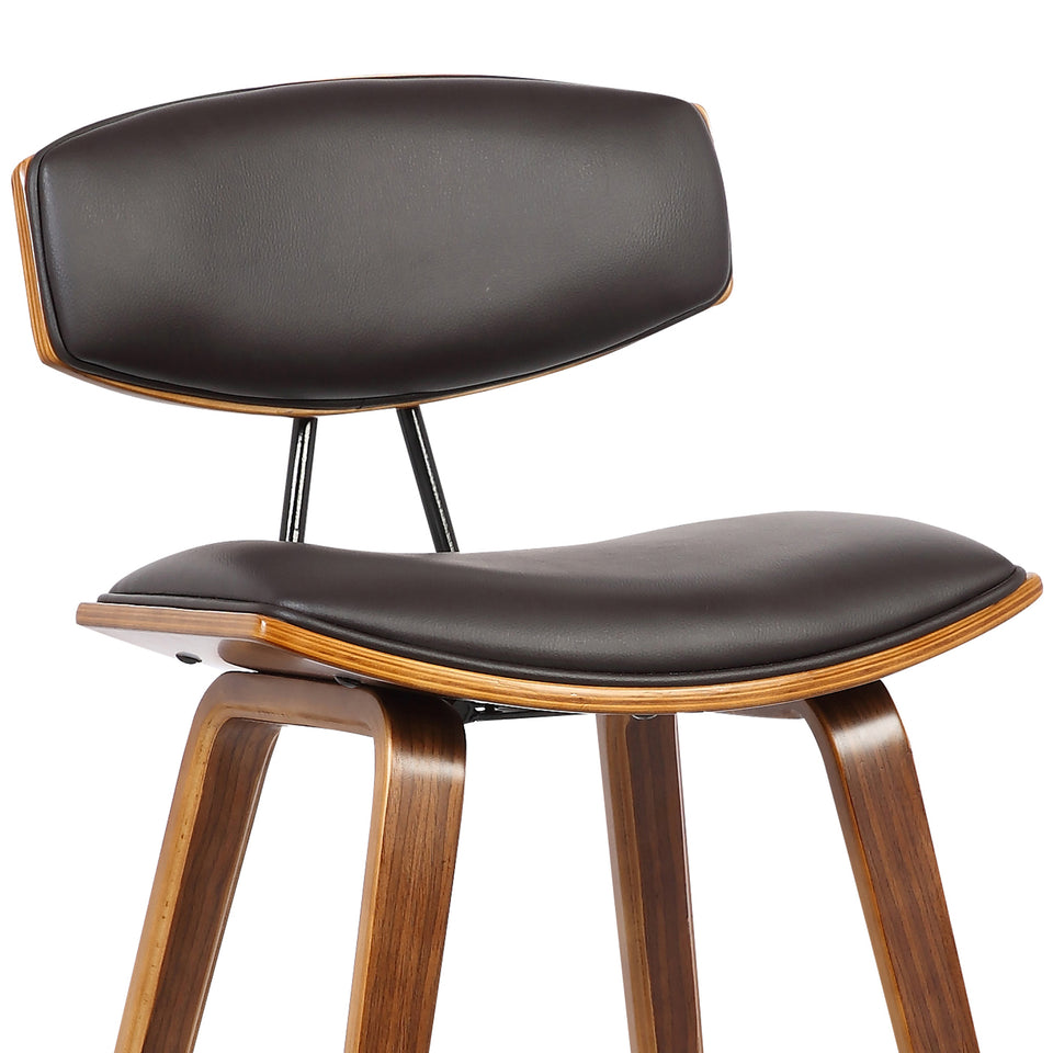 Fox 28.5" Mid-Century Bar Height Barstool in Brown Faux Leather with Walnut Wood