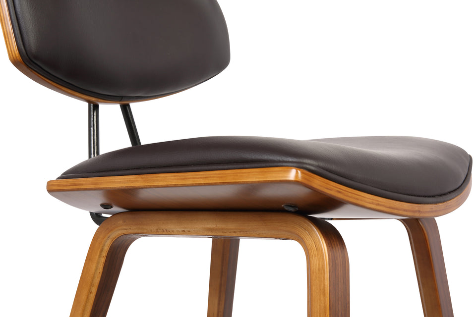 Fox 28.5" Mid-Century Bar Height Barstool in Brown Faux Leather with Walnut Wood