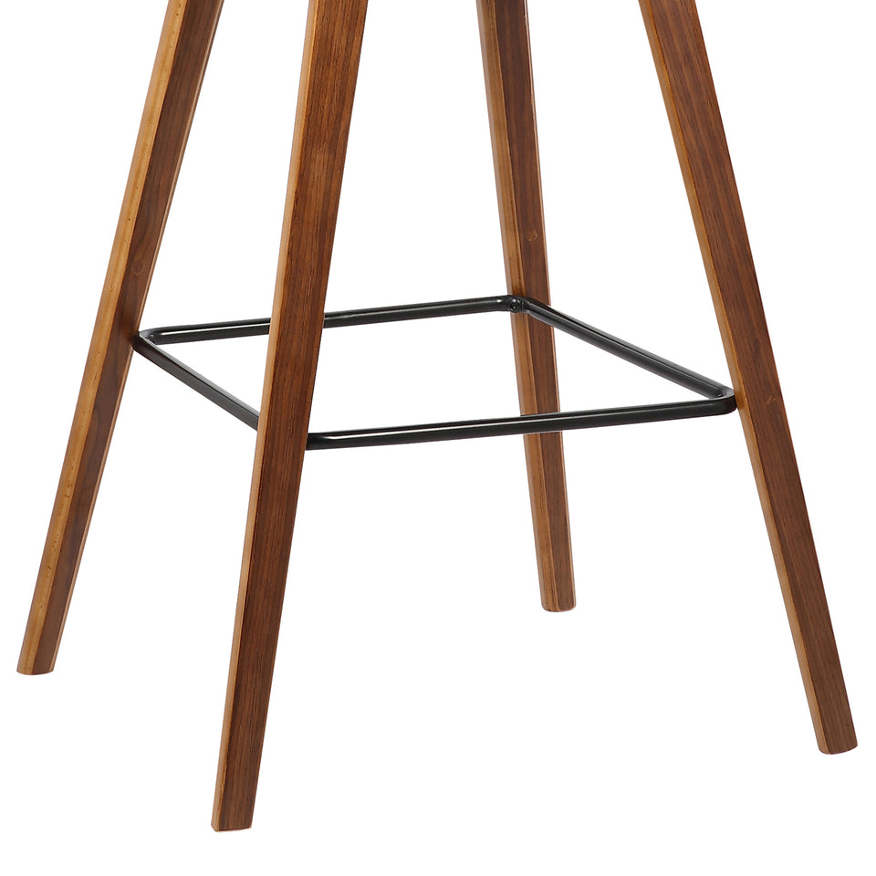 Fox 28.5" Mid-Century Bar Height Barstool in Brown Faux Leather with Walnut Wood