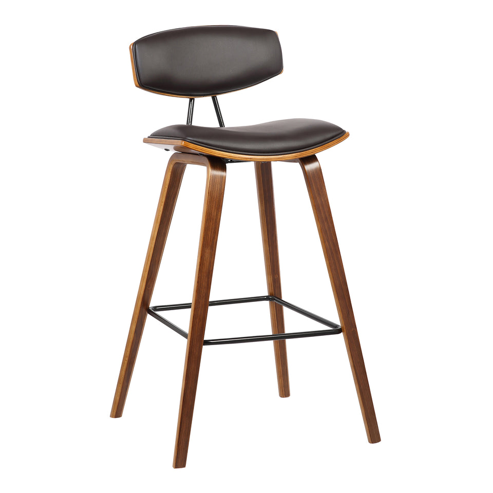 Fox 28.5" Mid-Century Bar Height Barstool in Brown Faux Leather with Walnut Wood