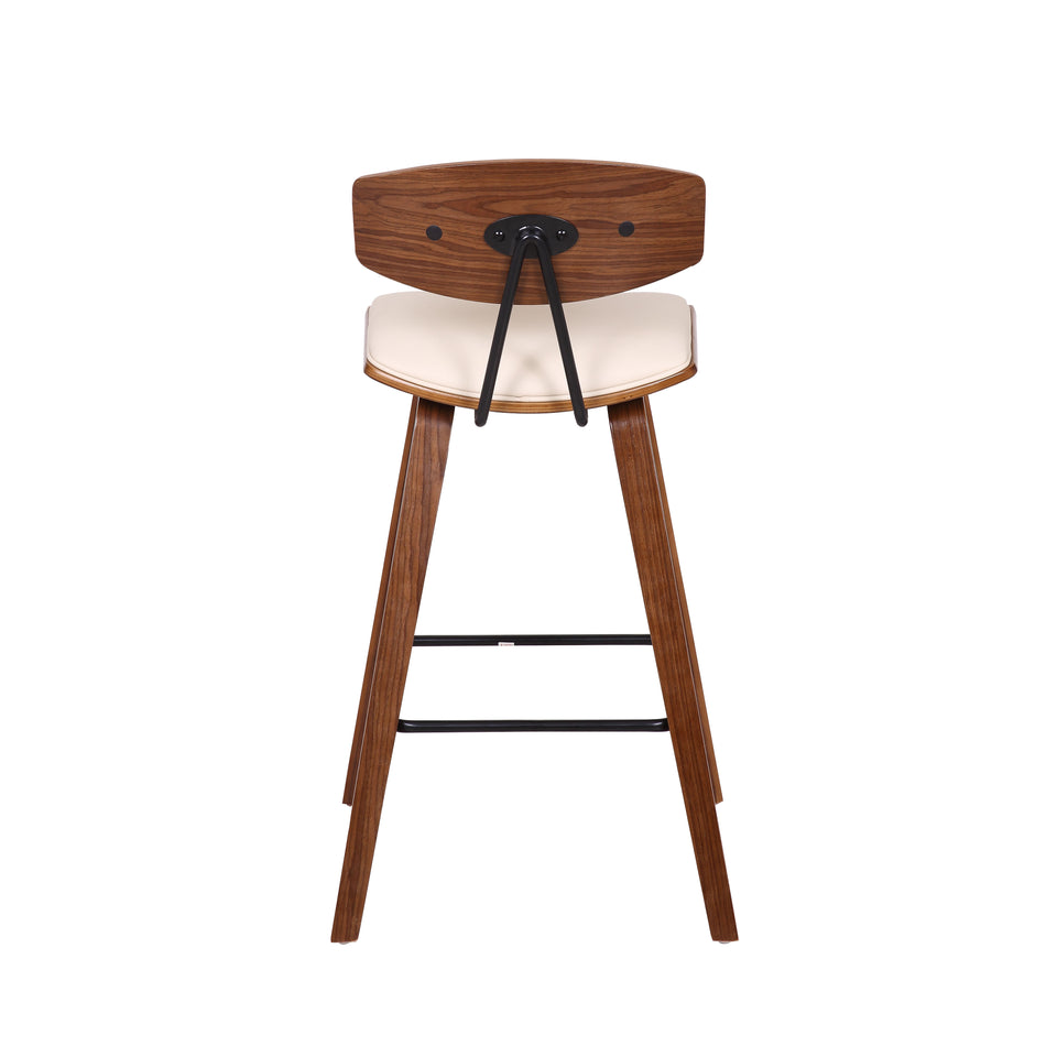 Fox 25.5" Mid-Century Counter Height Barstool in Cream Faux Leather with Walnut Wood