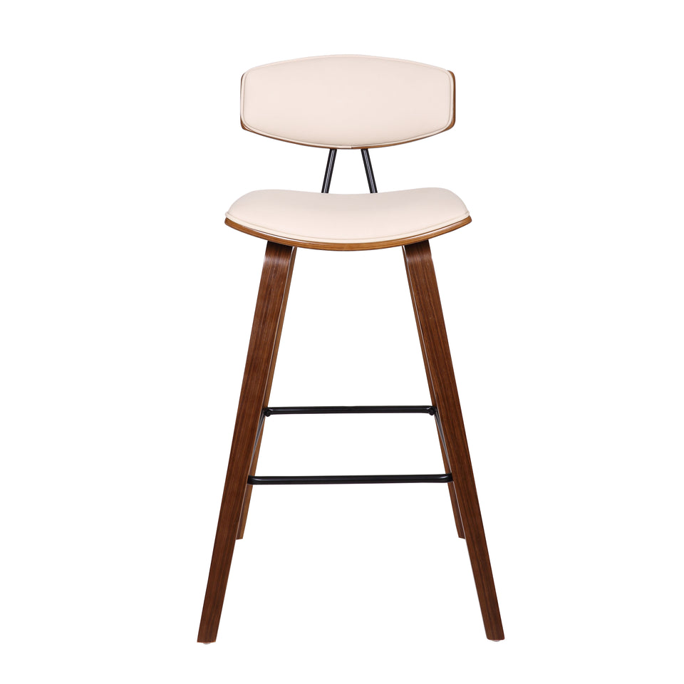 Fox 28.5" Mid-Century Bar Height Barstool in Cream Faux Leather with Walnut Wood