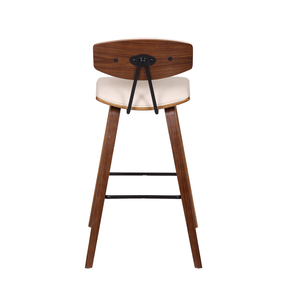 Fox 28.5" Mid-Century Bar Height Barstool in Cream Faux Leather with Walnut Wood