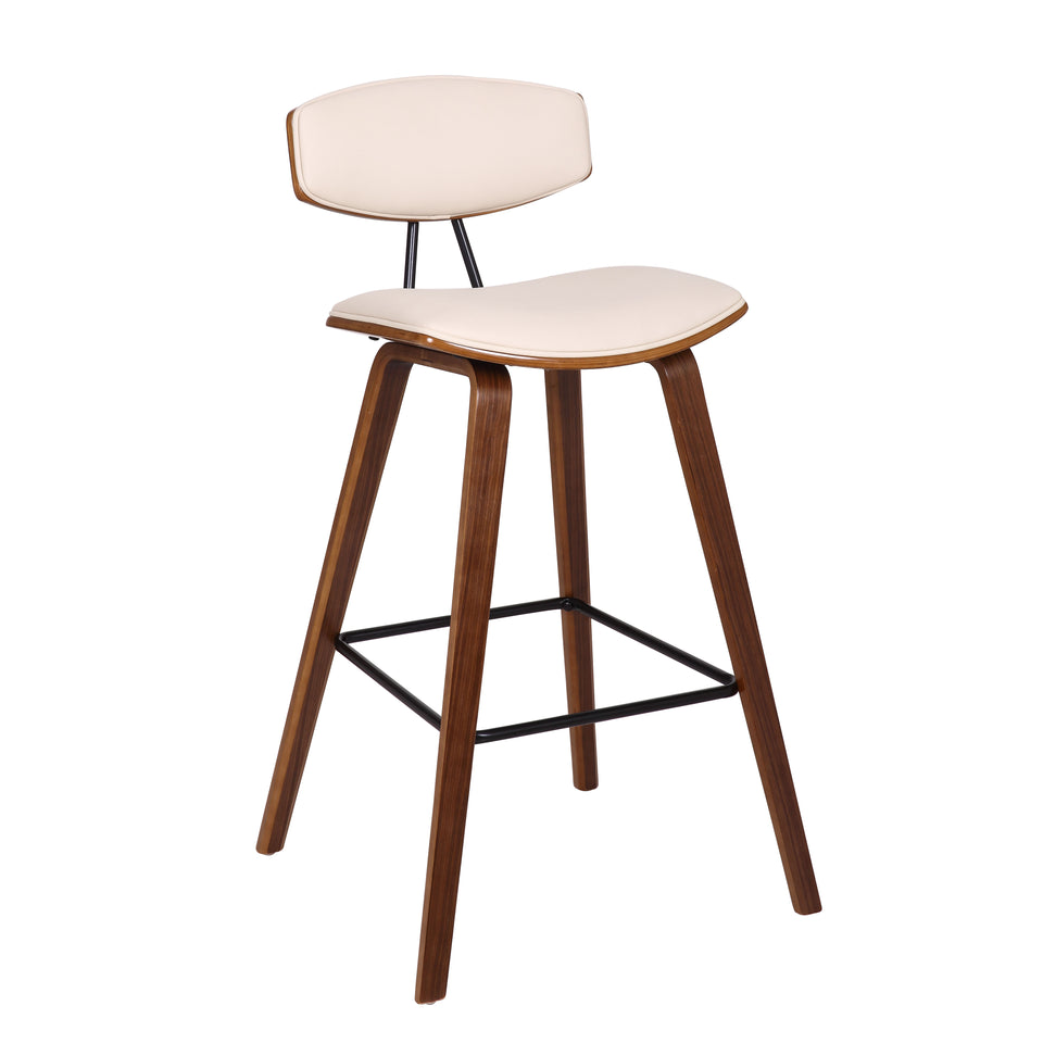 Fox 28.5" Mid-Century Bar Height Barstool in Cream Faux Leather with Walnut Wood