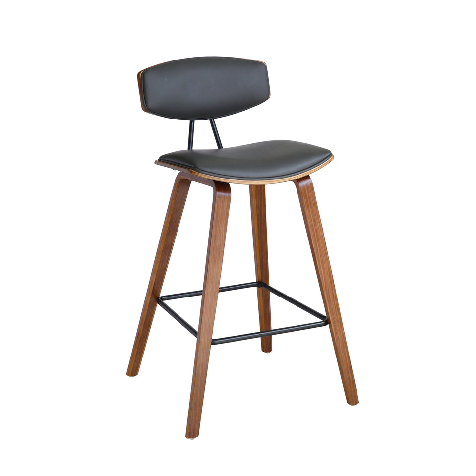 Fox 25.5" Mid-Century Counter Height Barstool in Gray Faux Leather with Walnut Wood