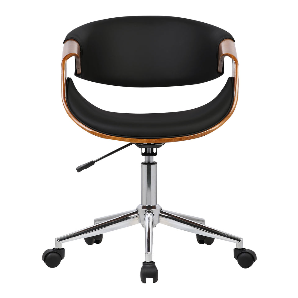 Geneva Mid-Century Office Chair in Chrome finish with Black Faux Leather and Walnut Veneer Arms