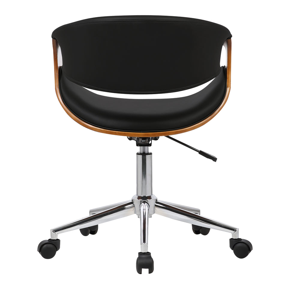 Geneva Mid-Century Office Chair in Chrome finish with Black Faux Leather and Walnut Veneer Arms
