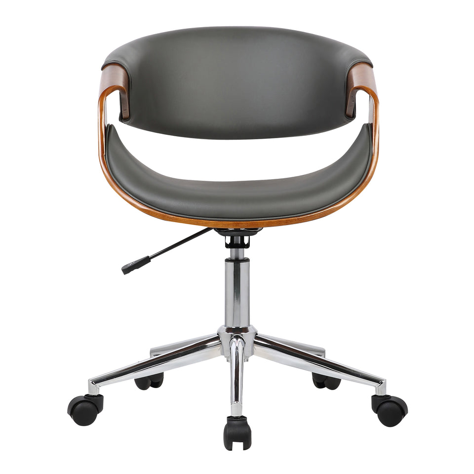 Geneva Mid-Century Office Chair in Chrome finish with Gray Faux Leather and Walnut Veneer Arms