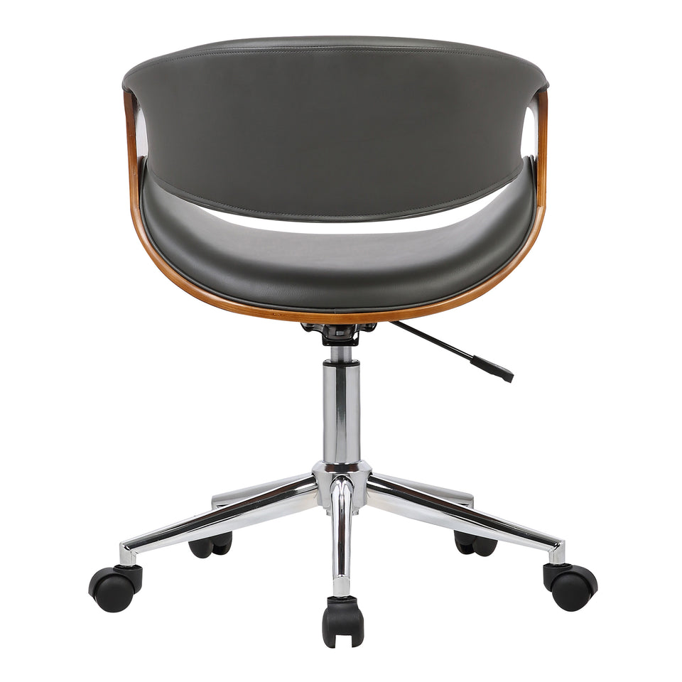 Geneva Mid-Century Office Chair in Chrome finish with Gray Faux Leather and Walnut Veneer Arms