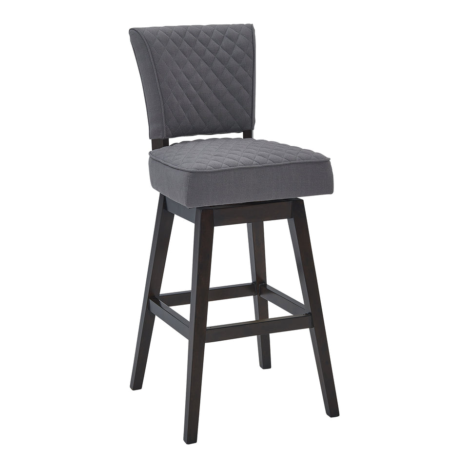 Gia 30" Bar Height Wood Swivel Tufted Barstool in Espresso Finish with Gray Fabric
