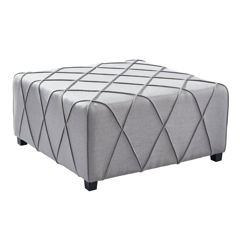 Gemini Contemporary Ottoman in Silver Linen with Piping Accents and Wood Legs