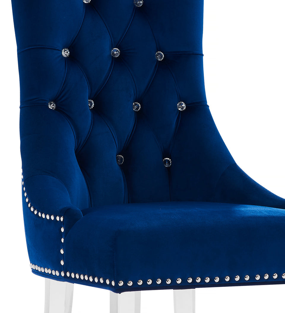 Gobi Modern and Contemporary Tufted Dining Chair in Blue Velvet with Acrylic Legs