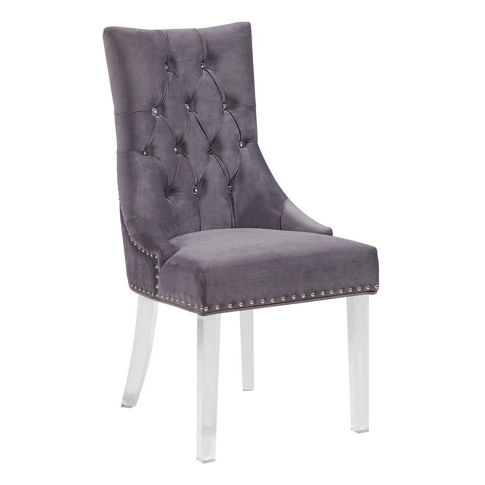 Gobi Modern and Contemporary Tufted Dining Chair in Gray Velvet with Acrylic Legs