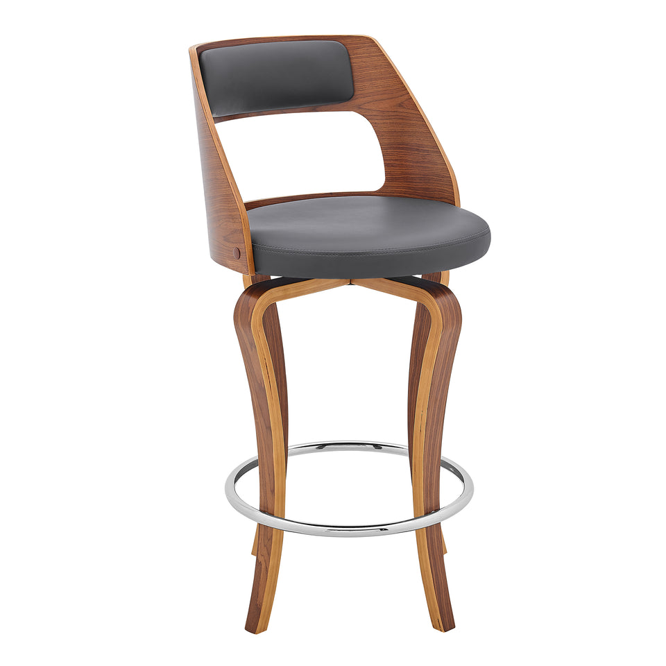 Grady 26" Swivel Gray Faux Leather and Walnut Wood Bar Stool