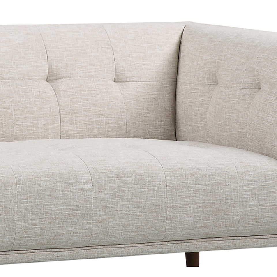 Hudson Mid-Century Button-Tufted Loveseat in Beige Linen and Walnut Legs