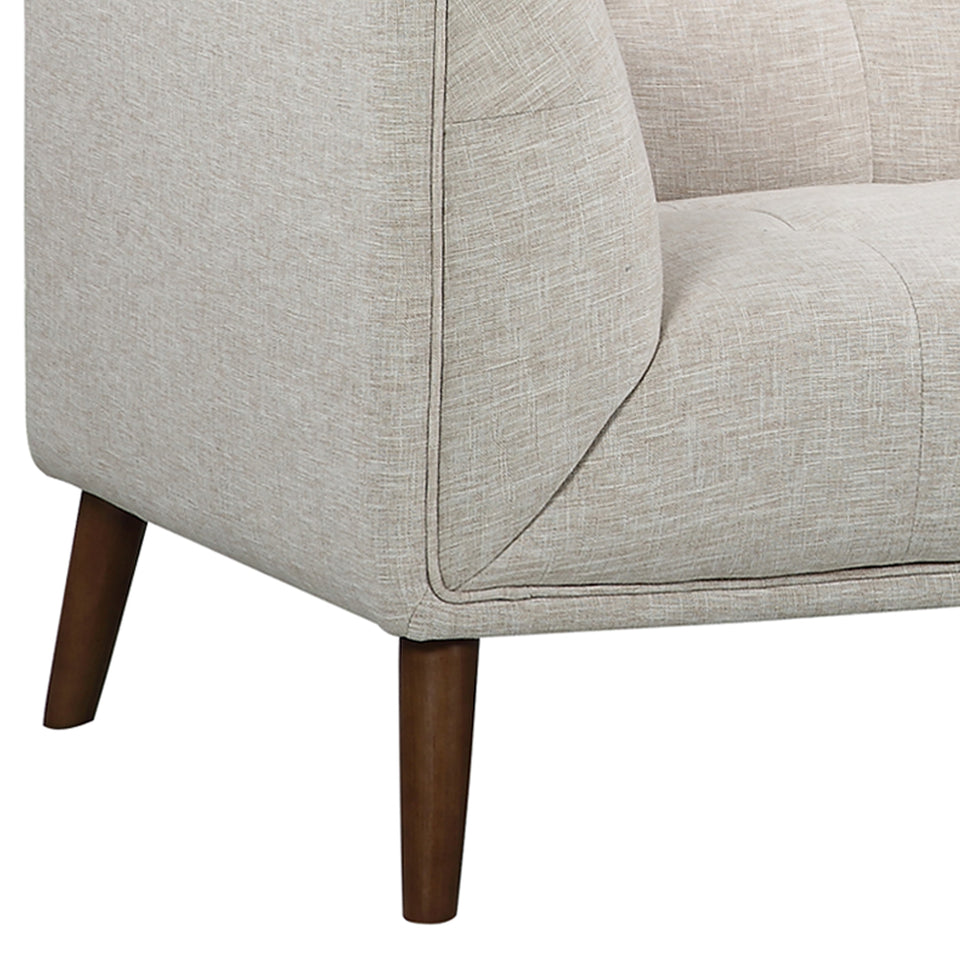 Hudson Mid-Century Button-Tufted Loveseat in Beige Linen and Walnut Legs