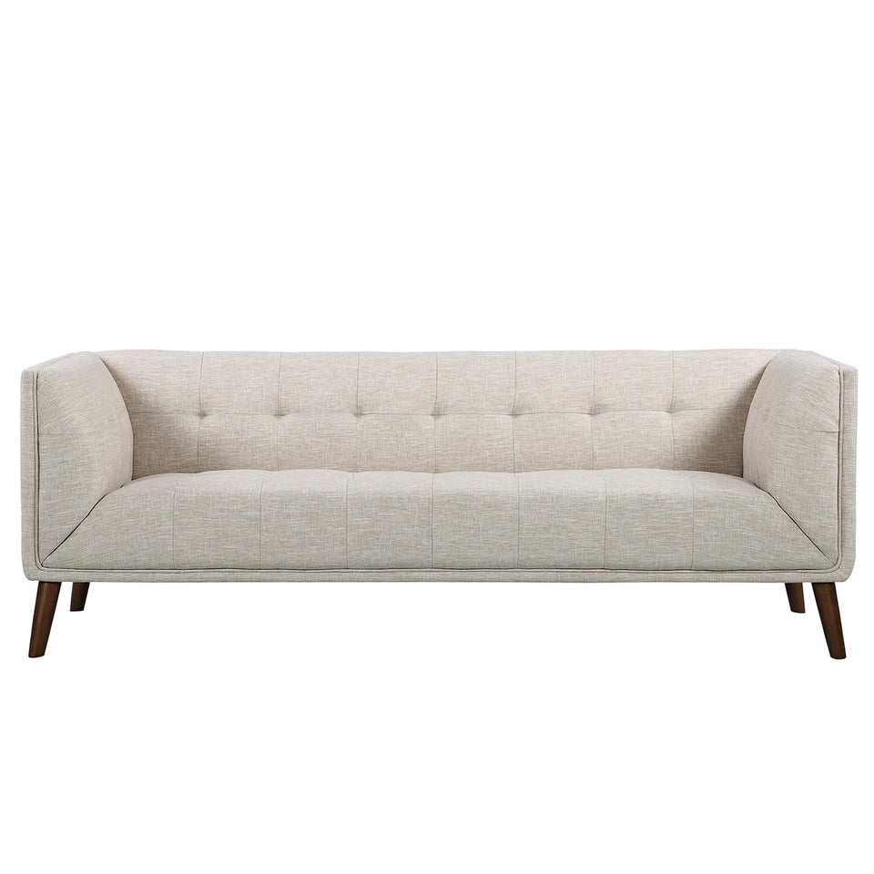 Hudson Mid-Century Button-Tufted Sofa in Beige Linen and Walnut Legs