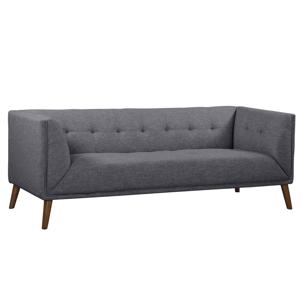 Hudson Mid-Century Button-Tufted Sofa in Dark Gray Linen and Walnut Legs