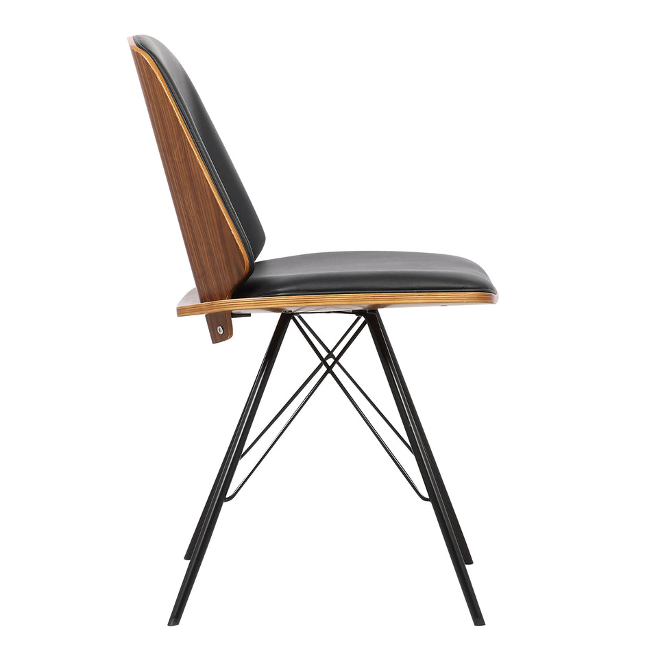 Inez Mid-Century Dining Chair in Black Faux Leather with Black Powder Coated Metal Legs and Walnut Veneer Back