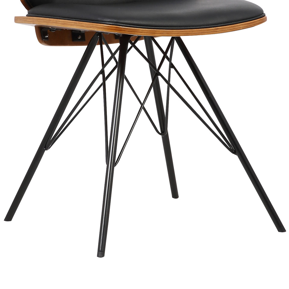 Inez Mid-Century Dining Chair in Black Faux Leather with Black Powder Coated Metal Legs and Walnut Veneer Back