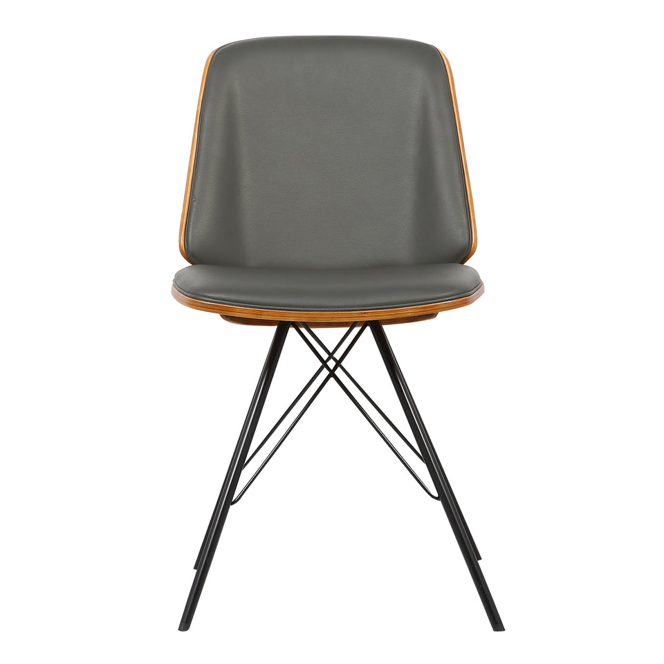 Inez Mid-Century Dining Chair in Gray Faux Leather with Black Powder Coated Metal Legs and Walnut Veneer Back