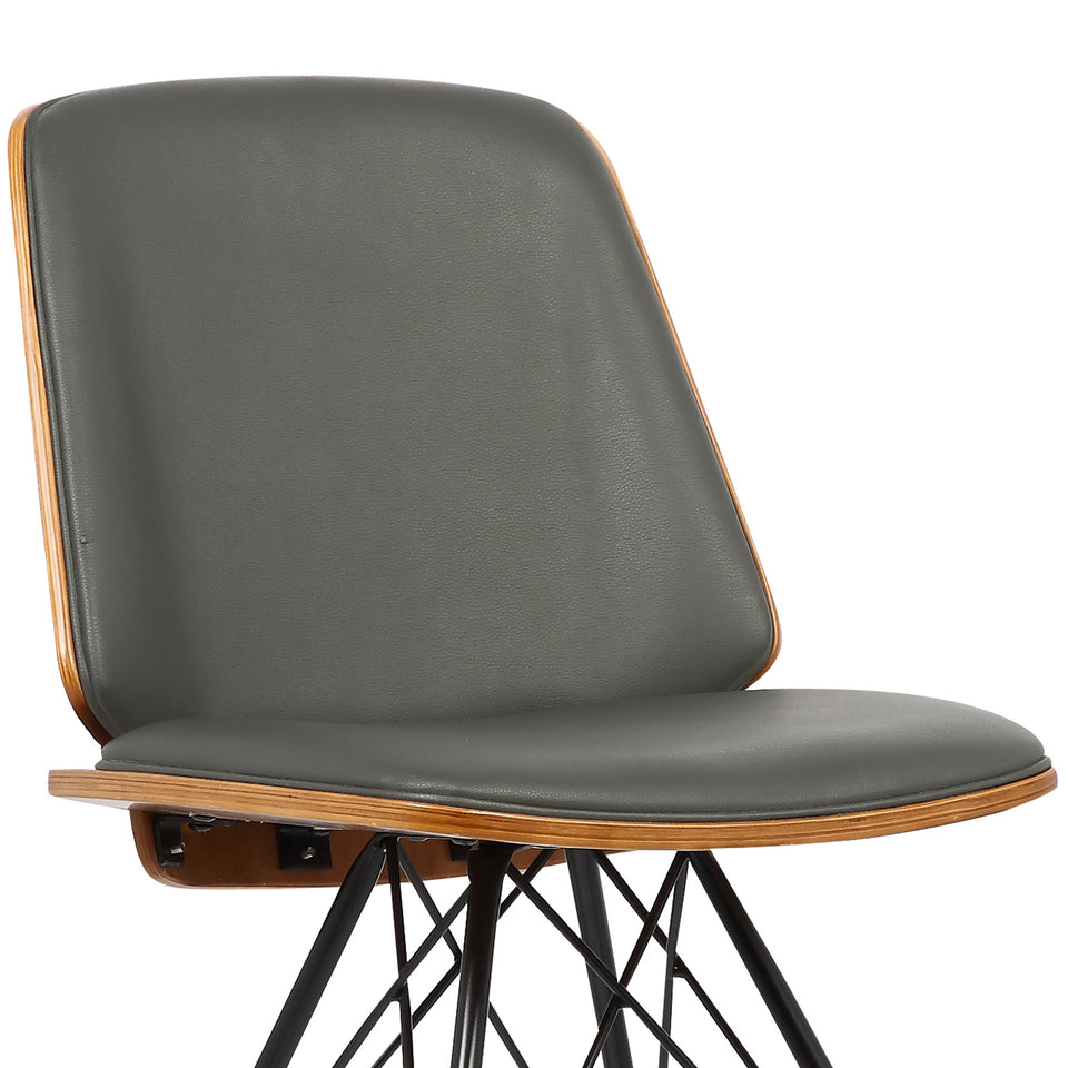 Inez Mid-Century Dining Chair in Gray Faux Leather with Black Powder Coated Metal Legs and Walnut Veneer Back