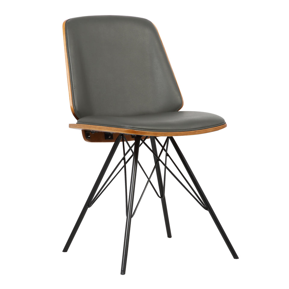 Inez Mid-Century Dining Chair in Gray Faux Leather with Black Powder Coated Metal Legs and Walnut Veneer Back