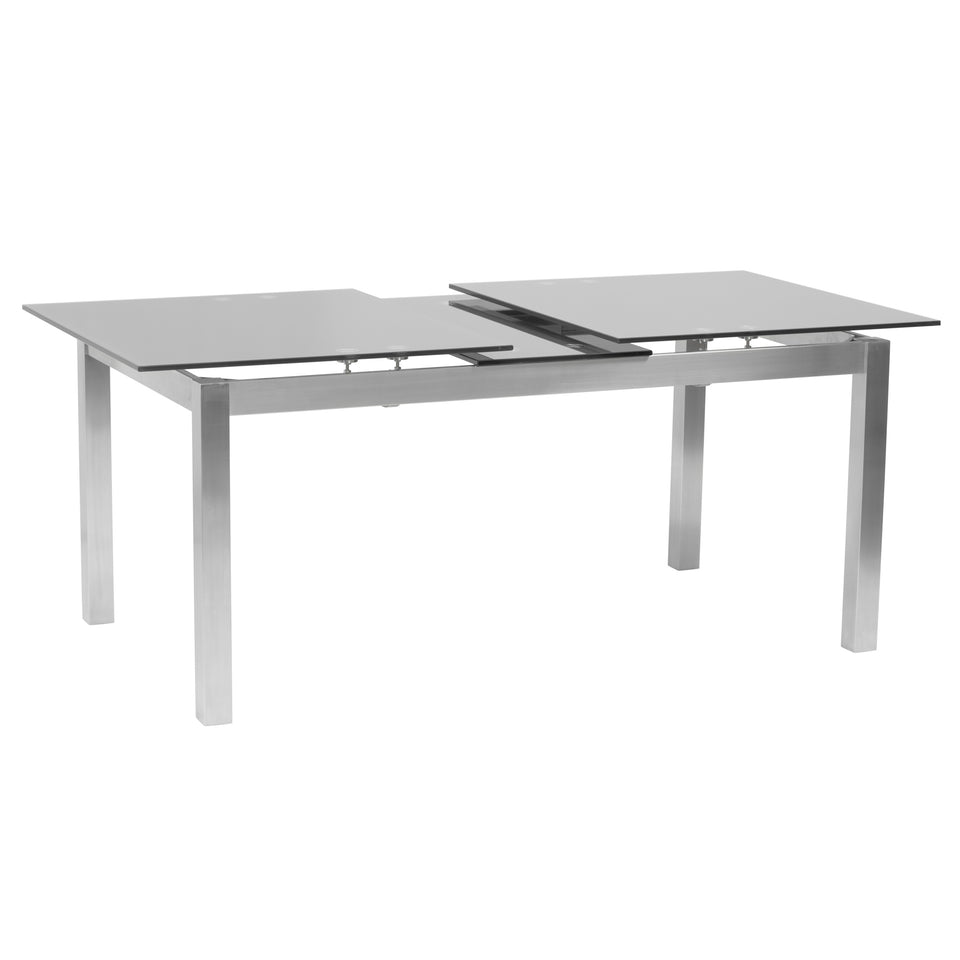 Ivan Extension Dining Table in Brushed Stainless Steel and Gray Tempered Glass Top