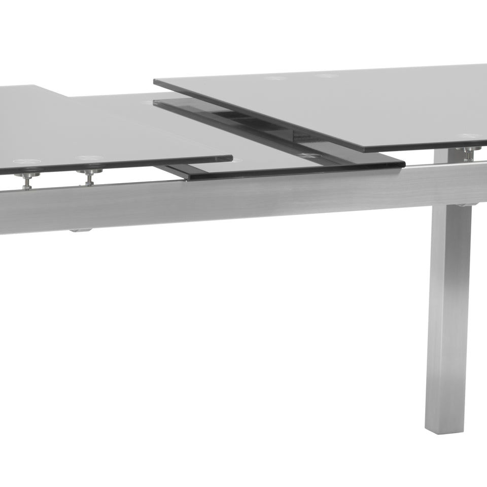 Ivan Extension Dining Table in Brushed Stainless Steel and Gray Tempered Glass Top