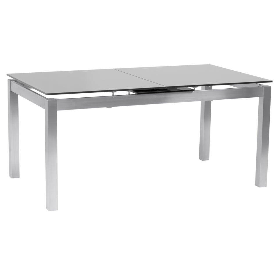 Ivan Extension Dining Table in Brushed Stainless Steel and Gray Tempered Glass Top