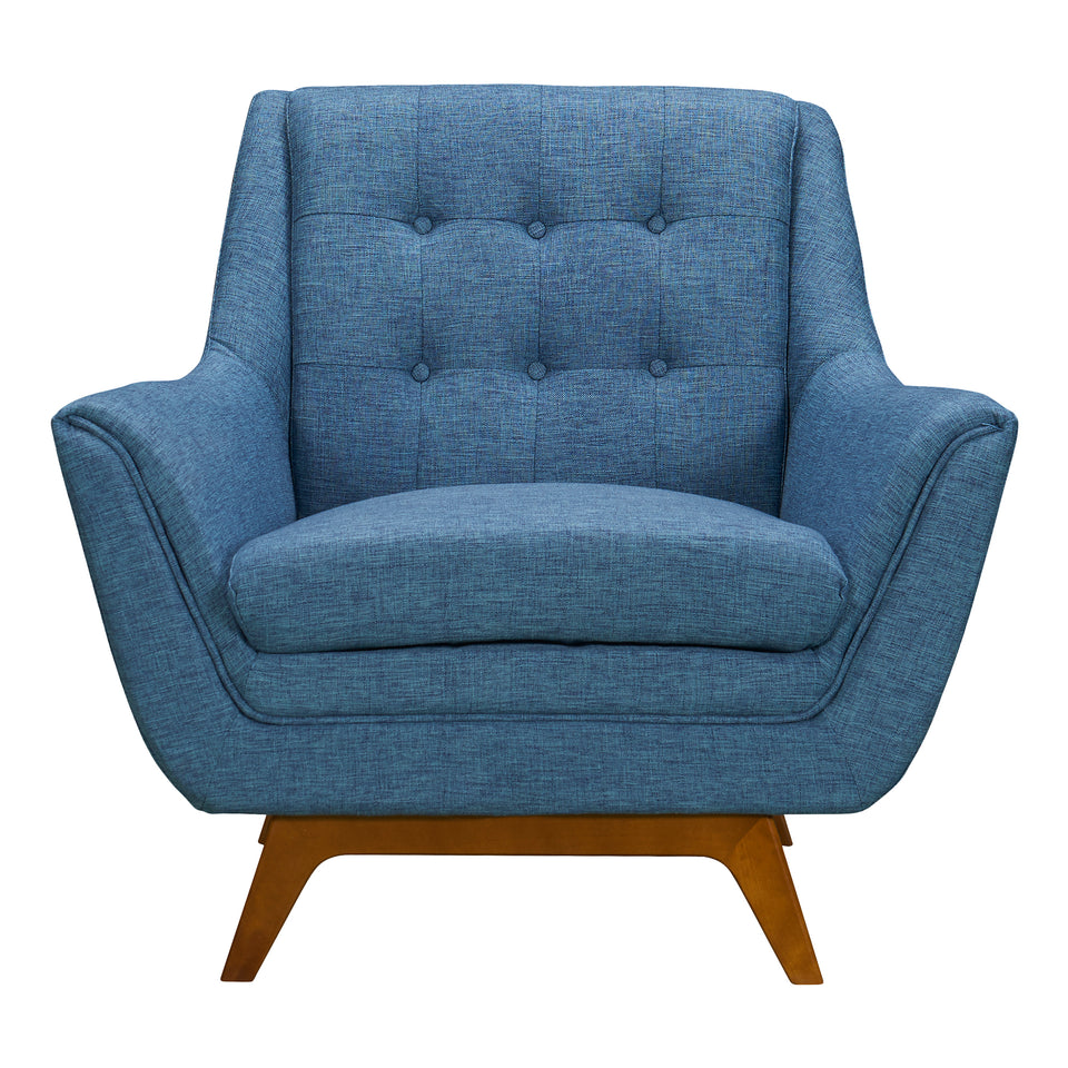 Janson Mid-Century Sofa Chair in Champagne Wood Finish and Blue Fabric
