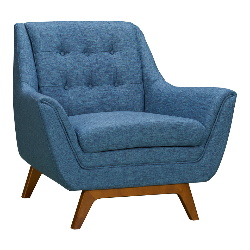 Janson Mid-Century Sofa Chair in Champagne Wood Finish and Blue Fabric