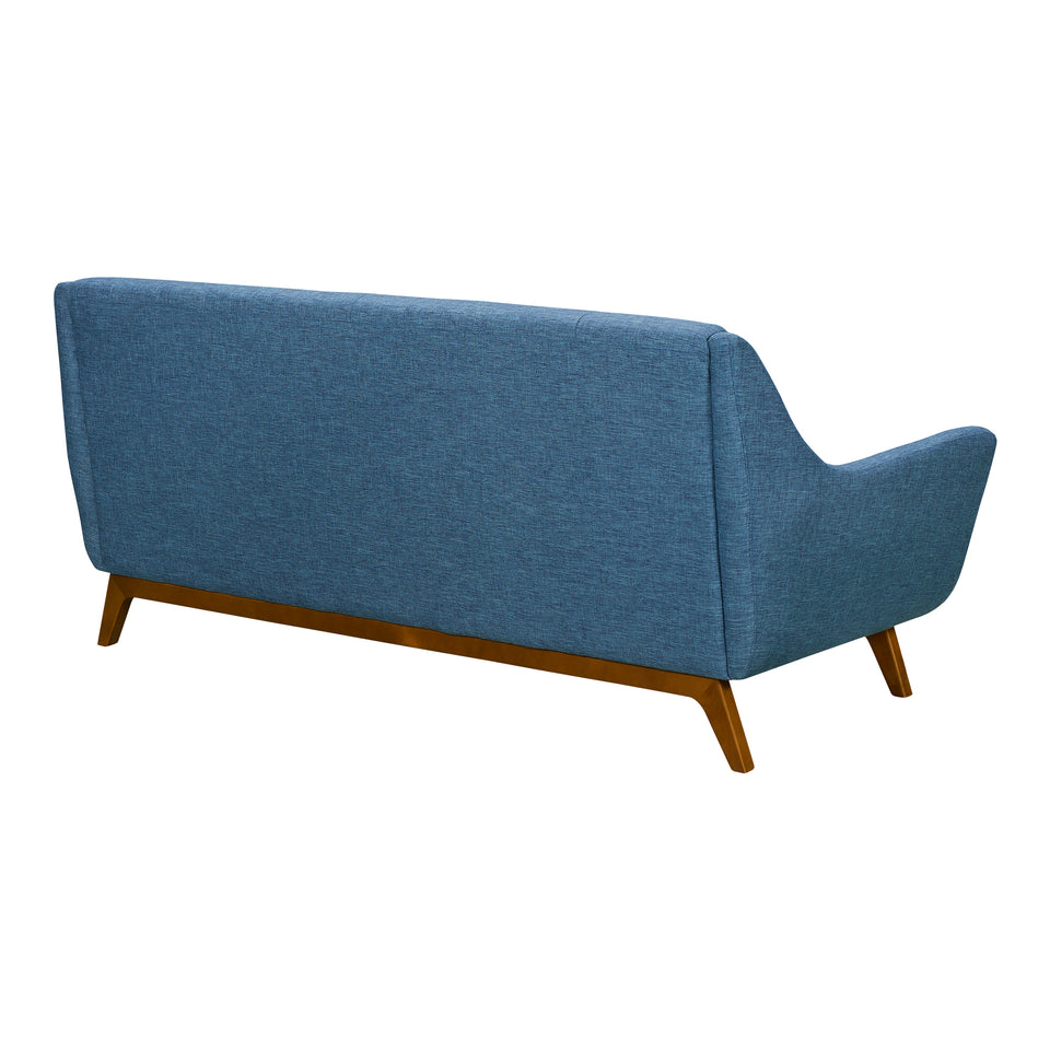 Janson Mid-Century Sofa in Champagne Wood Finish and Blue Fabric