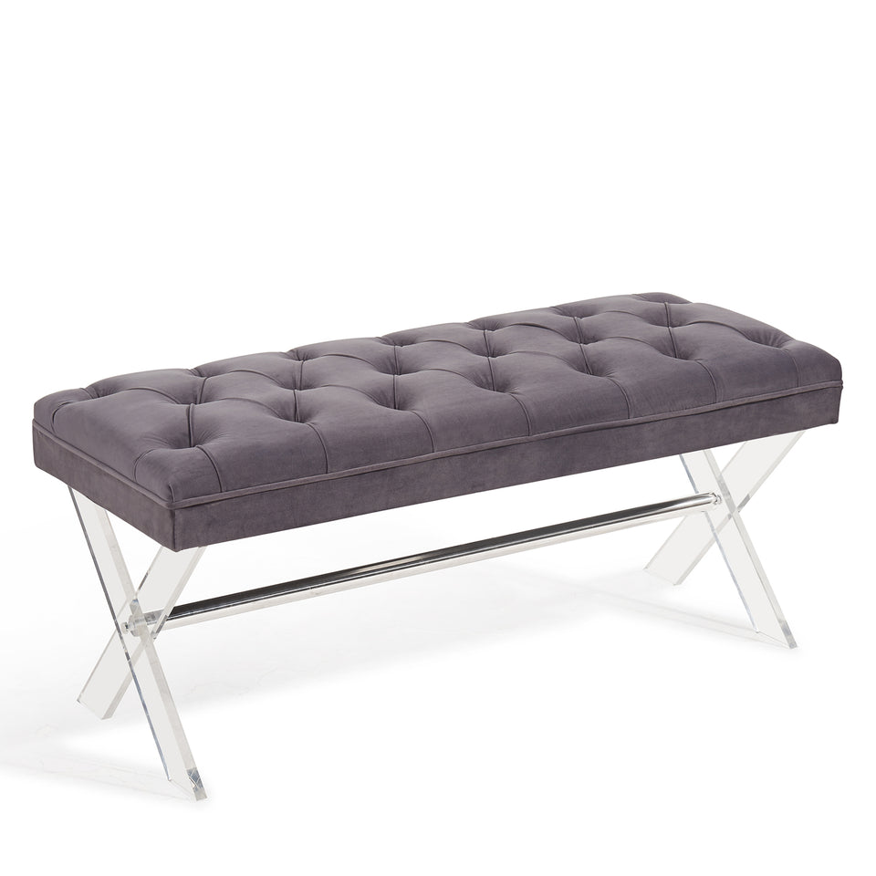 Joanna Ottoman Bench in Gray Tufted Velvet with Crystal Buttons and Acrylic Legs