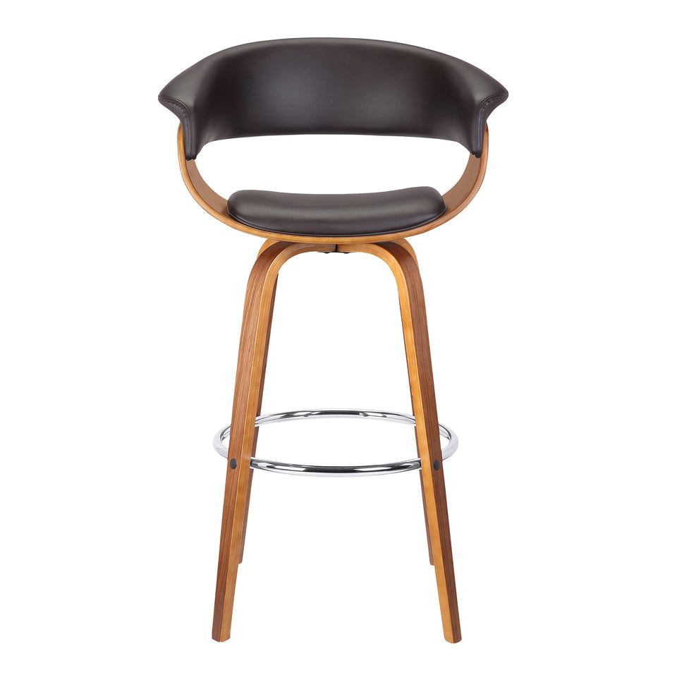 Julyssa 30" Mid-Century Swivel Bar Height Barstool in Brown Faux Leather with Walnut Wood