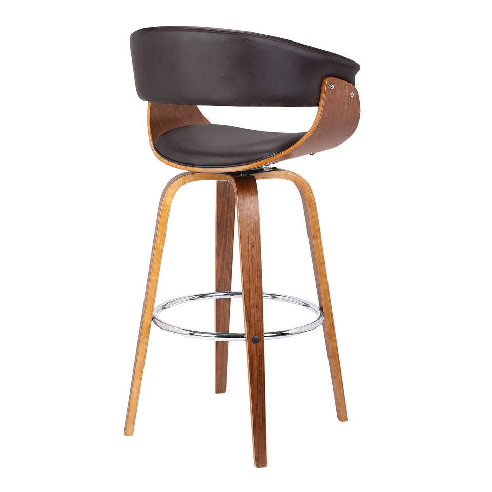 Julyssa 30" Mid-Century Swivel Bar Height Barstool in Brown Faux Leather with Walnut Wood