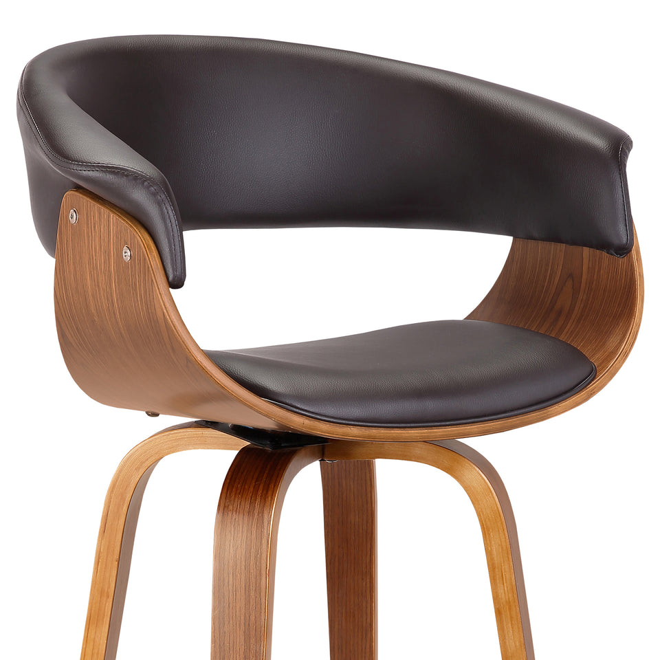 Julyssa 30" Mid-Century Swivel Bar Height Barstool in Brown Faux Leather with Walnut Wood