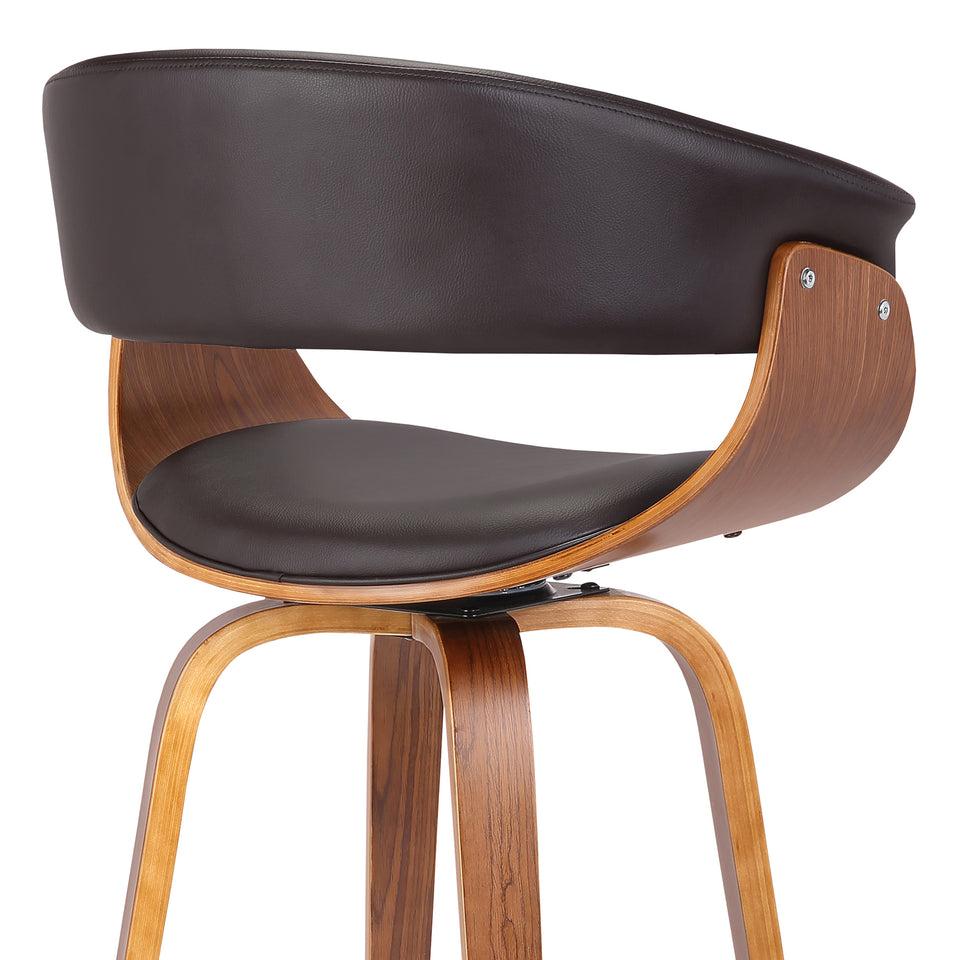 Julyssa 30" Mid-Century Swivel Bar Height Barstool in Brown Faux Leather with Walnut Wood