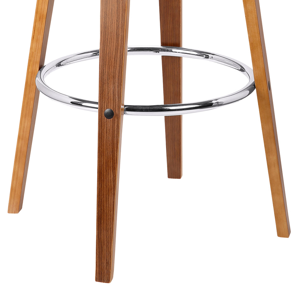 Julyssa 30" Mid-Century Swivel Bar Height Barstool in Brown Faux Leather with Walnut Wood