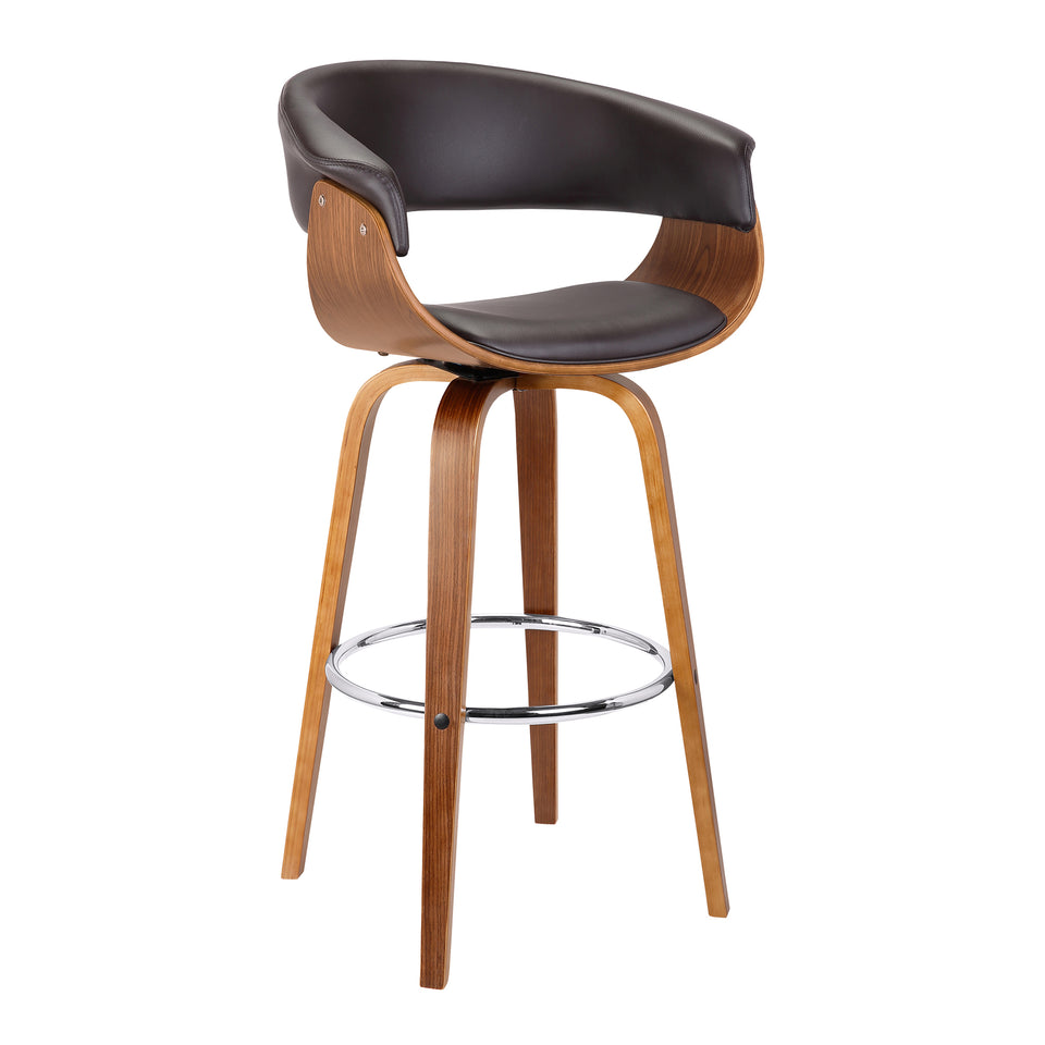 Julyssa 30" Mid-Century Swivel Bar Height Barstool in Brown Faux Leather with Walnut Wood