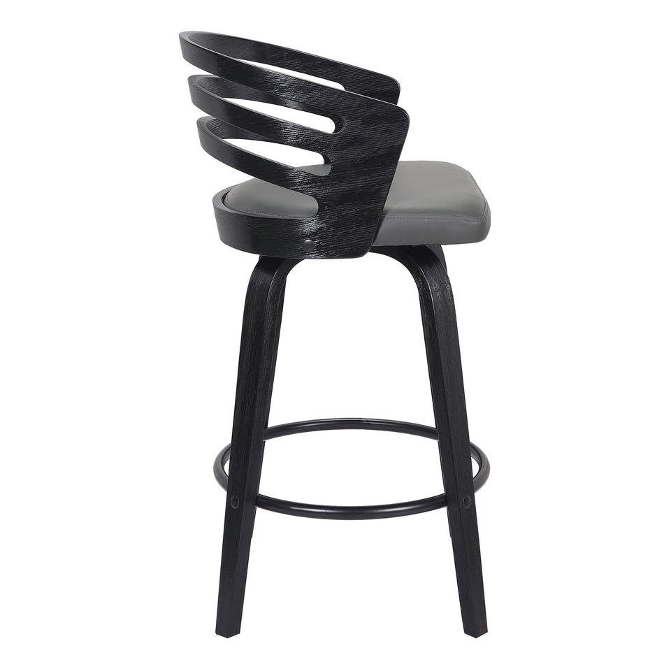 Jayden Contemporary 30" Bar Height Swivel Barstool in Black Brush Wood Finish and Gray Faux Leather