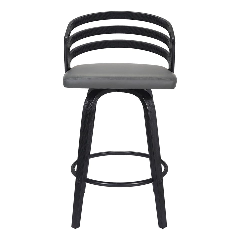 Jayden Contemporary 30" Bar Height Swivel Barstool in Black Brush Wood Finish and Gray Faux Leather
