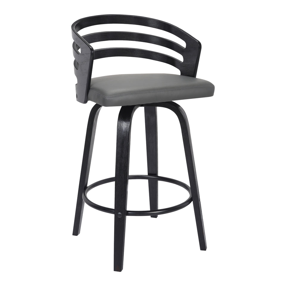 Jayden Contemporary 30" Bar Height Swivel Barstool in Black Brush Wood Finish and Gray Faux Leather