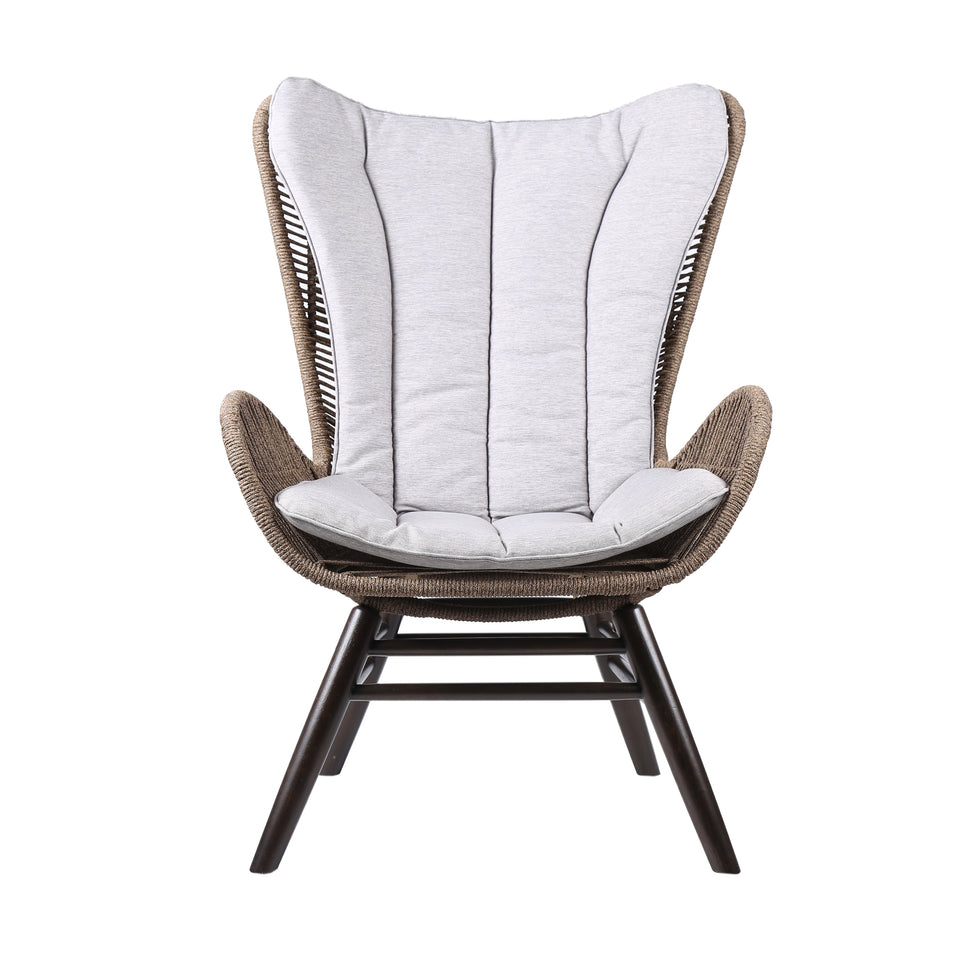 King Indoor Outdoor Lounge Chair in Dark Eucalyptus Wood with Truffle Rope and Grey Cushion