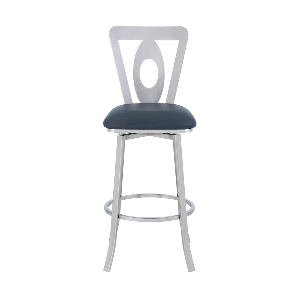 Lola Contemporary 26" Counter Height Barstool in Brushed Stainless Steel Finish and Gray Faux Leather