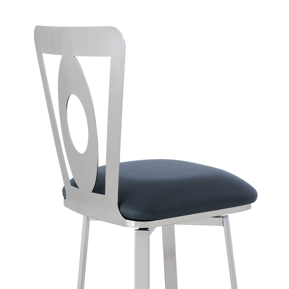 Lola Contemporary 26" Counter Height Barstool in Brushed Stainless Steel Finish and Gray Faux Leather