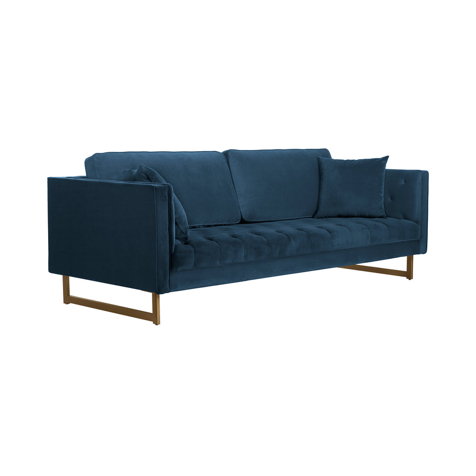 Lenox Blue Velvet Modern Sofa with Brass Legs